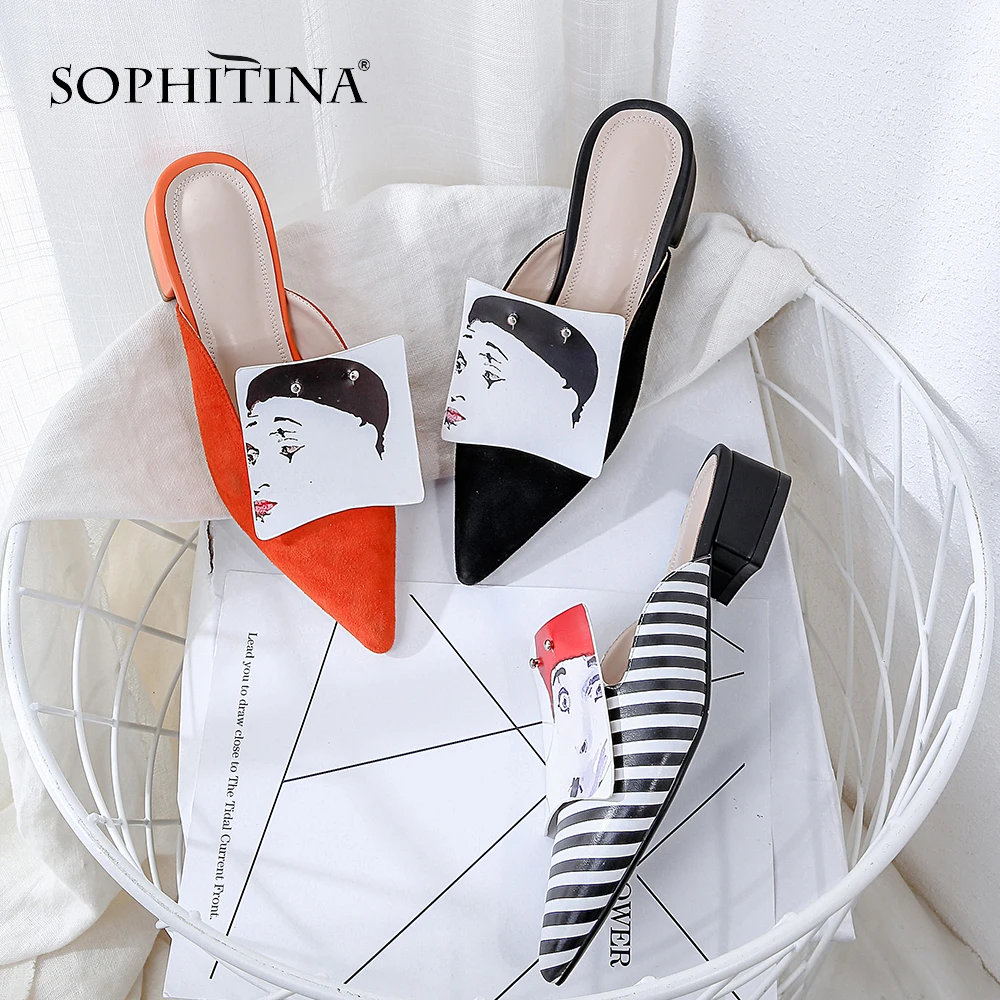 

SOPHITINA Fashion Film Graffiti Slippers High Quality Genuine Leather Comfortable Med Square Heel Shoes Women's Slippers MO97