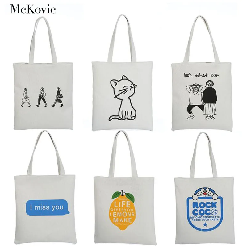 

Mckovic 2018 White Canvas Shopping Bags Casual Cute Pattern Shoulder Bags Eco Reusable Handbags For Women Female Girls Tote Bags