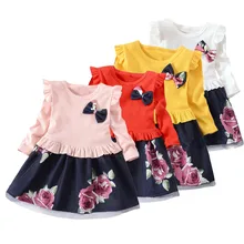 Милое платье принцессы с цветочным принтом и бантом весенне-осеннее платье с длинными рукавами и цветочным принтом для маленьких девочек, одежда F4