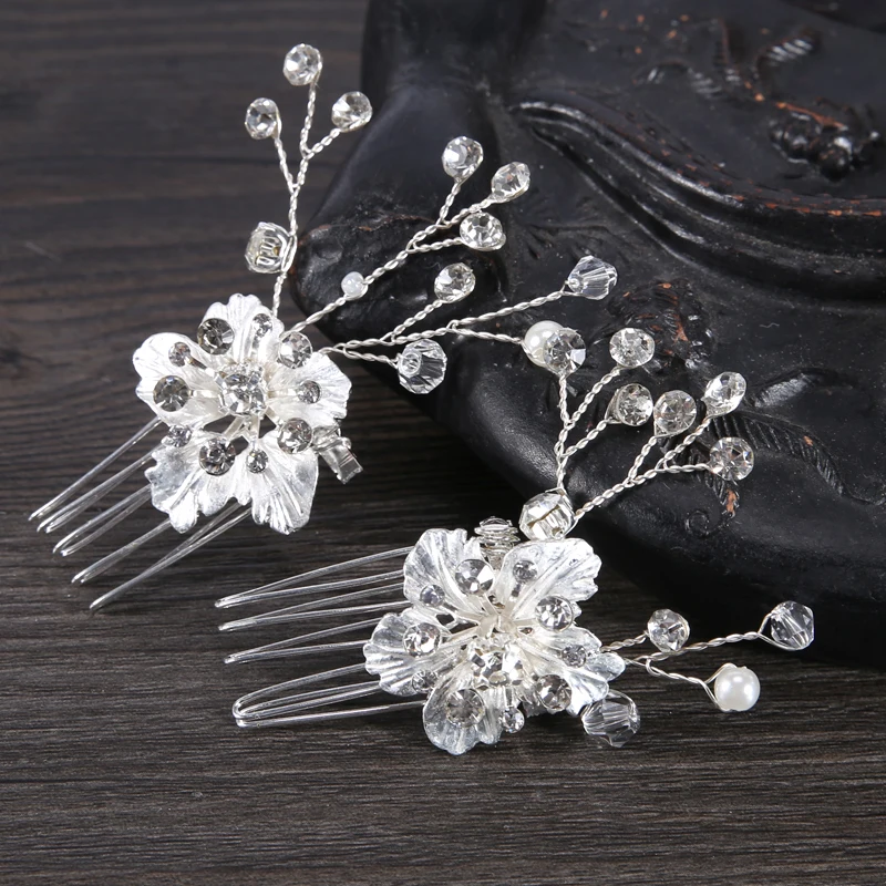 Buy 2 PCS Silver Wedding Rhinestone Flower Hair Comb