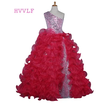 

Red Girls Pageant Dresses For Weddings Ball Gown One-shoulder Organza Ruffles Beaded Sequins Flower Girl Dresses