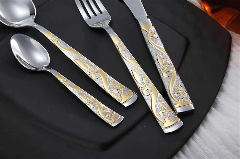 Luxury Flower Dinnerware Set Stainless Steel Cutlery Set Bronzing Silver Knife Fork Tableware European Western Food Set 4 Pcs (2)