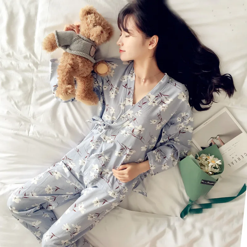 New Fashion Women Print Sweet Womens Long Sleeve Kimono Pajamas Sets