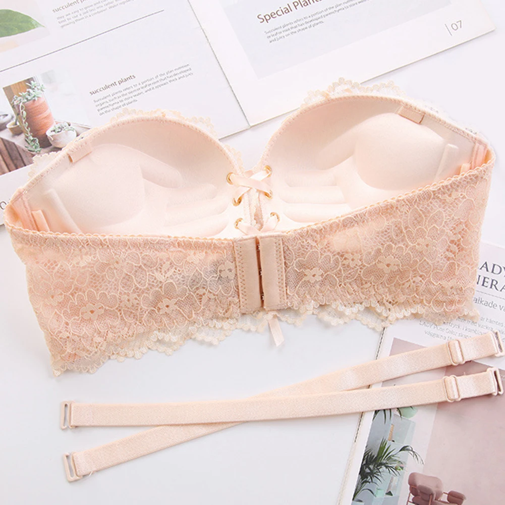 

Wire Free Fashion Buckle Strapless Invisible Seamless Lingerie Brassiere Sexy Summer Soft Push Up Front Lace Up Women Bra