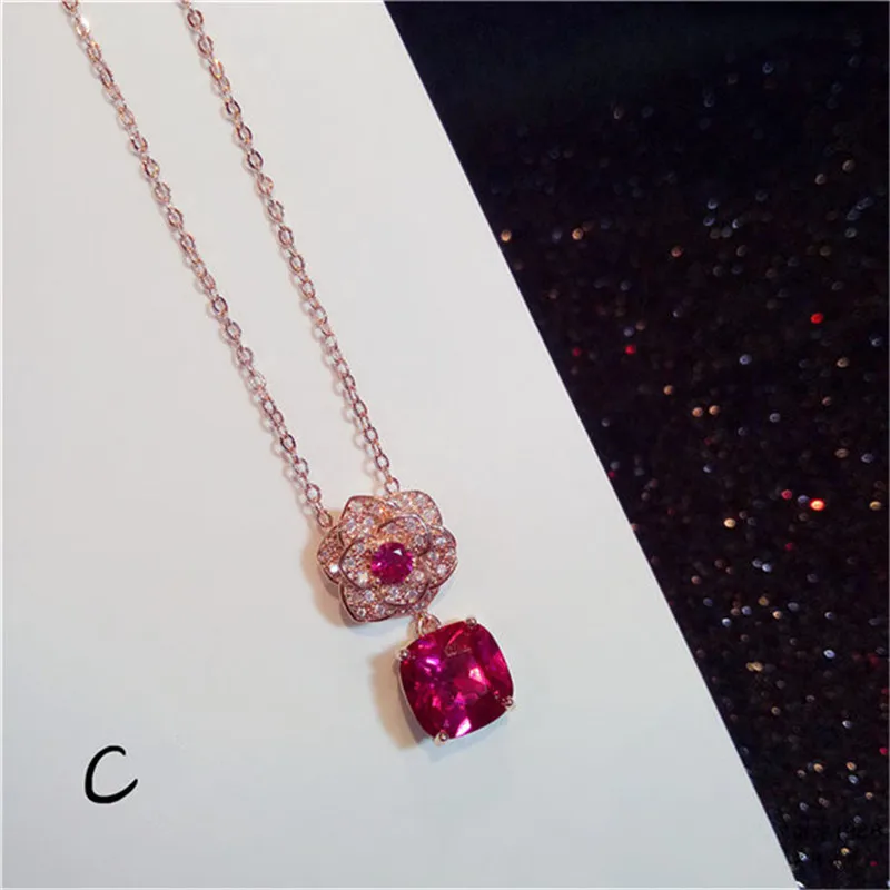 Vintage Necklace Pendants For Women S925 Sterling Silver Ruby Gems Fine Jewelry Clavicle Chain Rose Red Color Colar Bijouterie