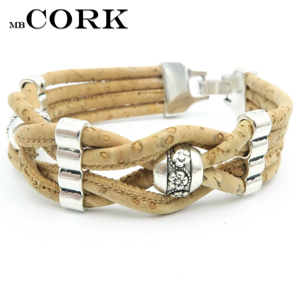 Natural Cork Braided cord with beads cork bracelet women Vintage bracelet handmade vegan jewelry
