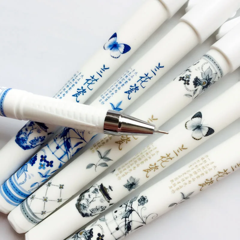 3pcs Elegant Chinese Orchid Porcelain Printed Butterfly Flower Gel Pen Writing Signing Pen Stationery School Office Supply 0.5mm