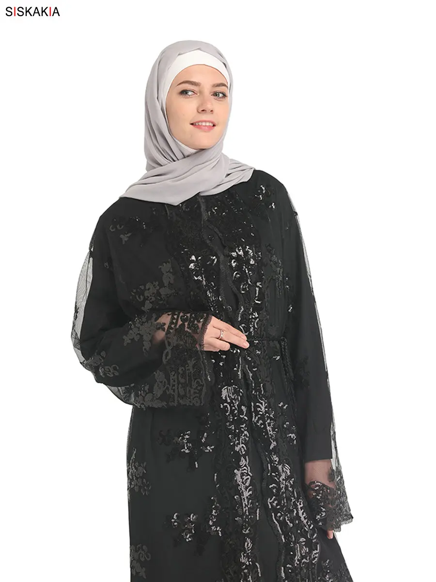 Siskakia Дубай элегантный кардиган Jubah арабский турецкий для женщин abaya внешняя одежда Модная тонкая Кружевная Сетка Hox Fix Роскошные Блестки