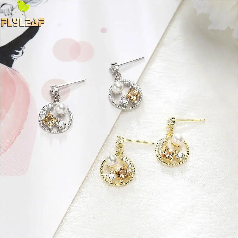 

Flyleaf 925 Sterling Silver Round Pearl Drop Earrings For Women Color Gold Cubic Zirconia Earings Fashion Jewelry Light Luxury