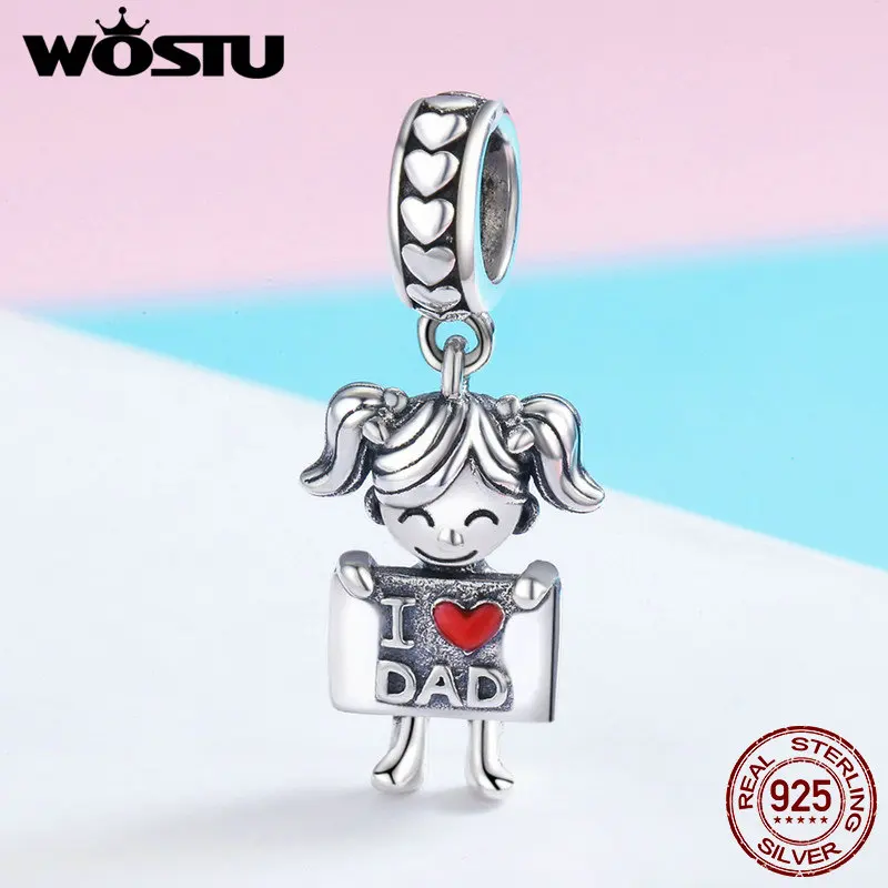 

WOSTU 100% Настоящее Стерлинговое Серебро 925 пробы I Love Dad милые очаровательные кулоны для девушек подходят к оригинальному женскому браслету ожерелья ювелирные изделия FIC690