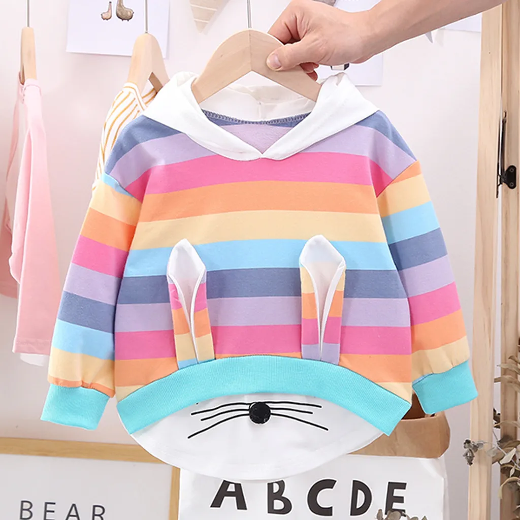 

Toddler Kids Clothings Baby Girls Boys Striped Rainbow Cute Cartoon Hooded Sweatshirt Coat Tops Autume Children's Sweatshirts