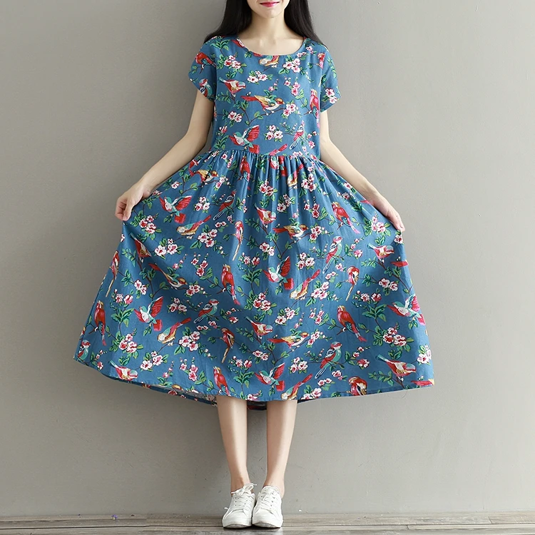 

Women Summer Dress Mori Girl Short Sleeve Floral Print A Line Dress Blue Color High Waist School Cotton Linen Dress