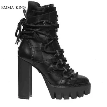 

2019 Black Platform Ankle Boots for Women Round Toe Square High Heels Lace-up Leather Short Martin Boots Outdoor Women Shoes