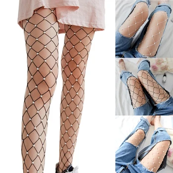 

Women Fishnet Stockings Net Grid Pantyhose Mesh Women Girl Sexy Pearl Hosiery