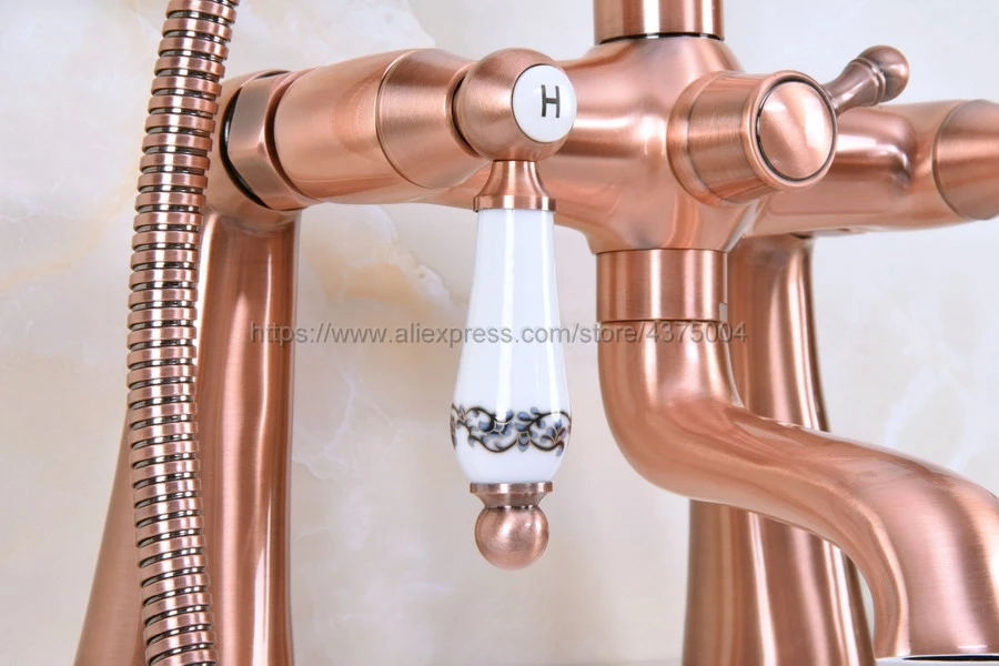 Antique Red Copper Deck Mounted Telephone Shape Spout Bathtub Mixer Tap Dual Handles with hand shower faucets Nna176