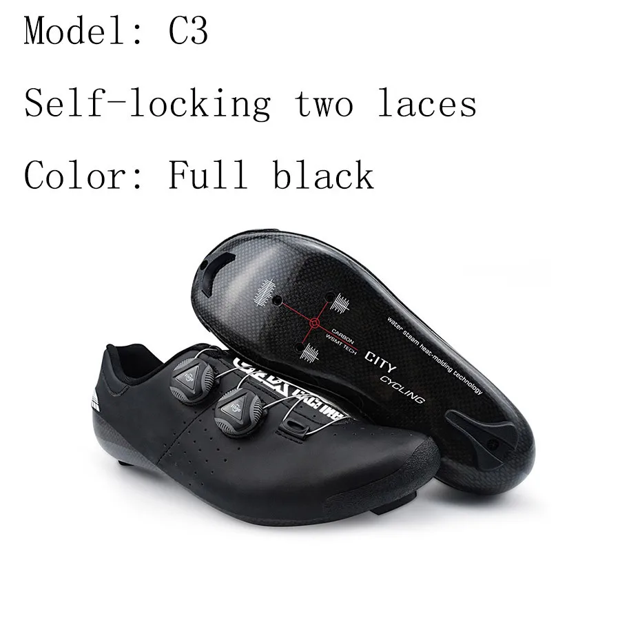 Обувь для езды на велосипеде в городе, теплоизоляционная, 3 K, углеродное волокно, дорожный велосипед, кроссовки с пряжкой или 1/2 шнурки, самофиксирующиеся, термопластичный велосипед - Цвет: C3 full black
