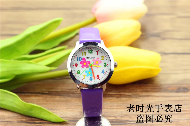 Красивые кварцевые часы с цветочным циферблатом для маленьких девочек, детские повседневные часы высокого качества с кожаным платьем, детские часы в подарок, Часы El reloj - Цвет: Фиолетовый