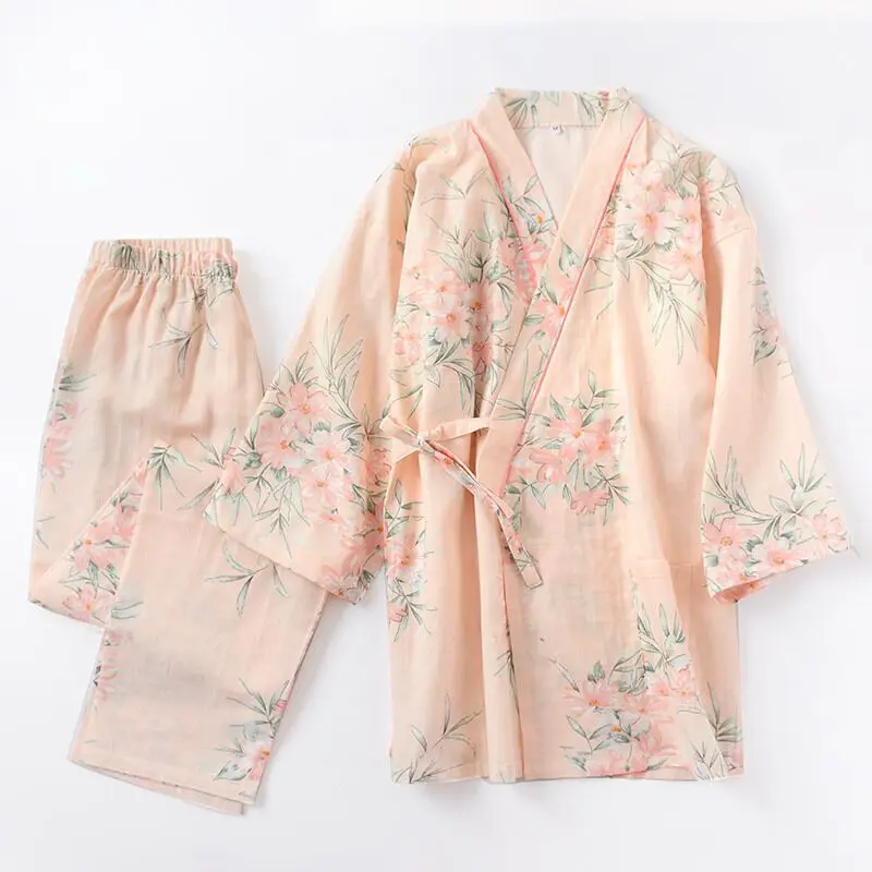 Spring New Comfort Japanese Kimono Pajamas Set Ladies Flower Gauze Cotton Thin Sweat Steaming Suit Cardigan Home Service