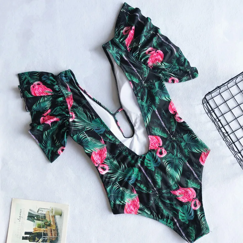 Sexy Deep V Ruffled One Piece Swimsuit Hot Design Women One Piece Swimwear Flamingo Print Backless Bathing Suits Beach Wear