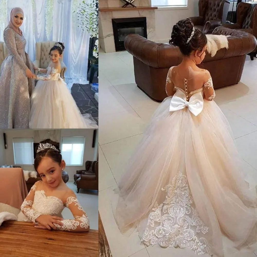 Leuke Elegante Bloem Meisjes Jurken Sheer Hals Lange Mouwen Applique Lace Leuke Elegante Bloem Meisjes Jurken Sheer Hals Lange Mouwen Applique Lace