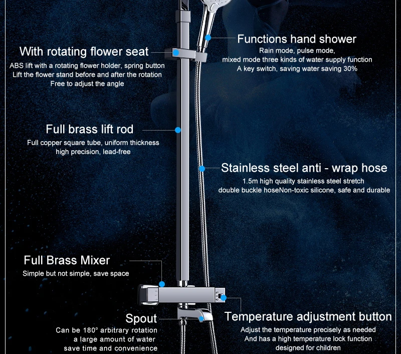 Bathroom Shower System Faucet Set with Rainfall Shower Head & Handheld  Brass Thermostatic Water Rainfall Shower Set Faucet (7)