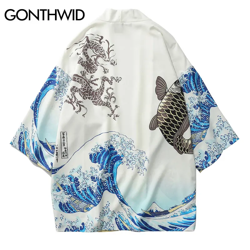 

GONTHWID Japanese Crane Printed Kimono Cardigan Jackets 2019 Mens Japan Style 3/4 Sleeve Casual Streetwear Coats Fashion Outwear