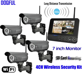 

New 7" LCD Monitor Home Security Camera System Wireless Quad SD Recording PIR Alarm 4CH Digital CCTV DVR Surveillance Kit DIY