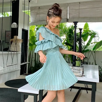 

2019 Summer Dress Mint Green One Shoulder Backless Pleated Ruffles Women Dresses