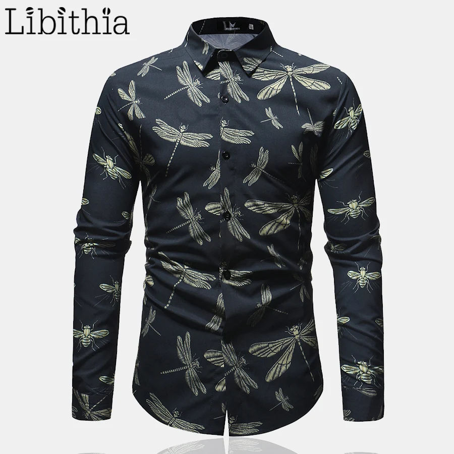 Men Casual Dress Shirts Dragonfly Pattern Print M 3XL Long Sleeve Clothes Turn down Collar Male