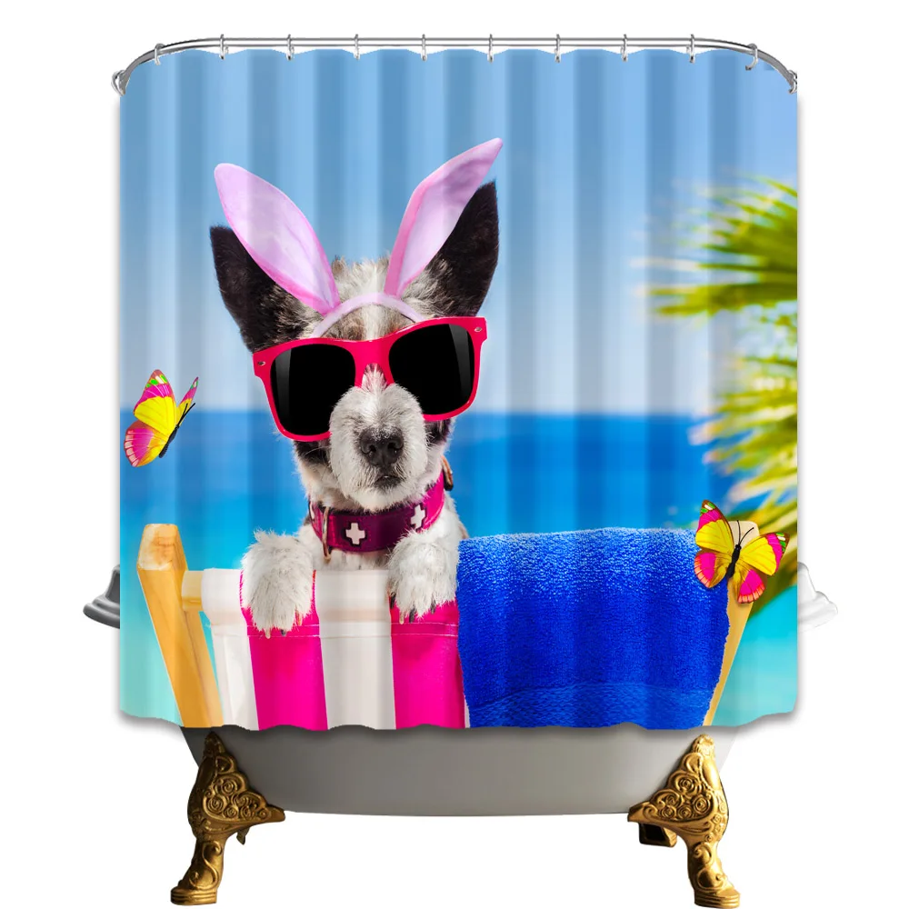 Holiday Seaside Dog Shower Curtains for Home's Bath Waterproof Mildew