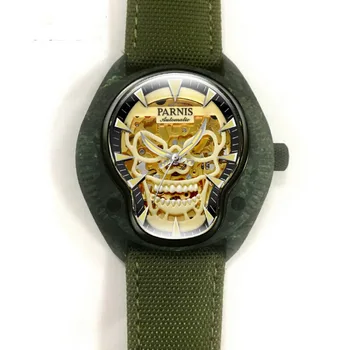 

Parnis PIRATE Seriers Men Sport Punk Styel Carbon Fibre Case Luminous Skull Hollow Out Dial Automatic Mechanical Wrist Watches
