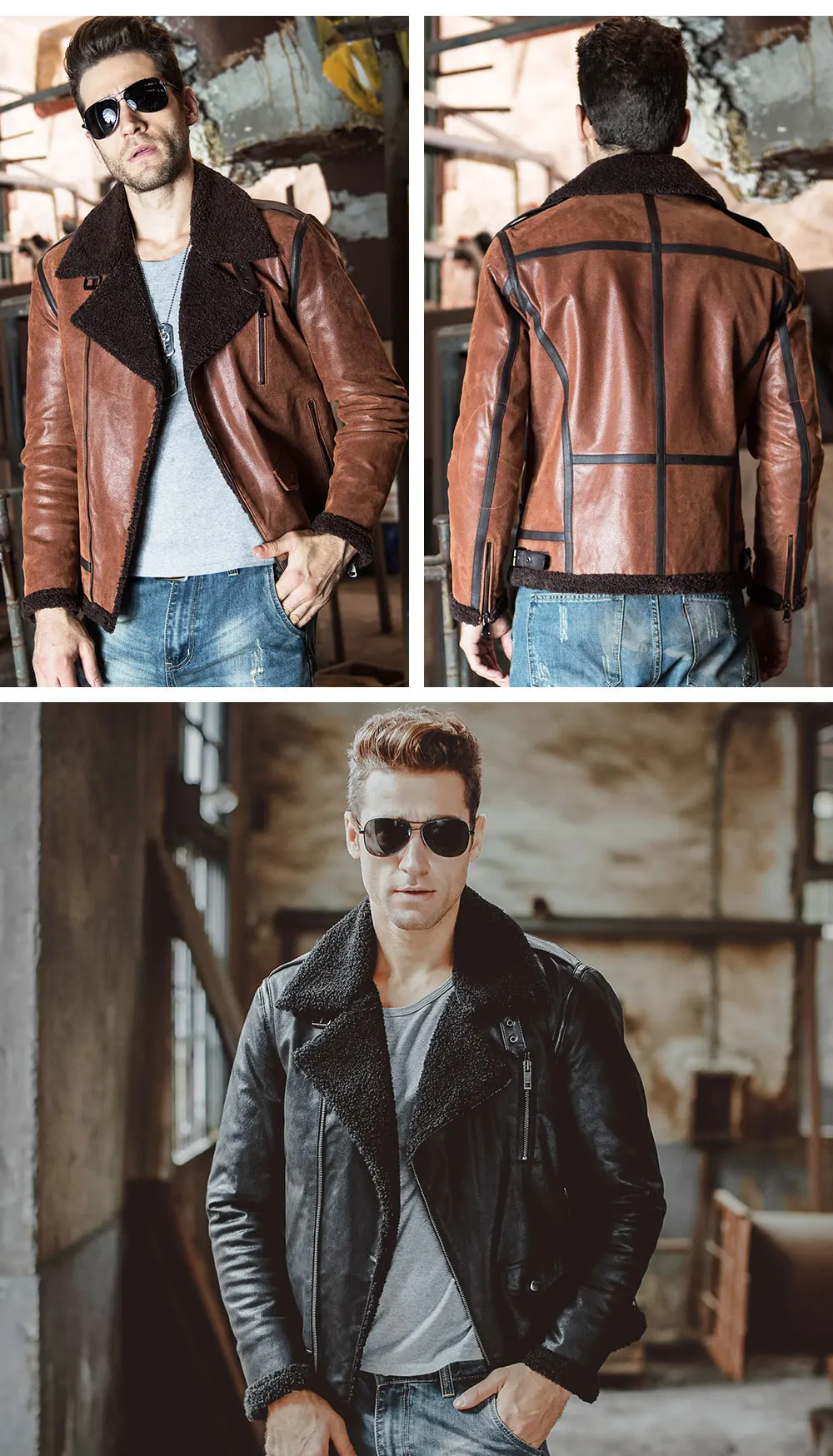 Men's Genuine Leather pigskin motorcycle real leather jackets with faux fur shearling aviator bomber jacket winter coat men