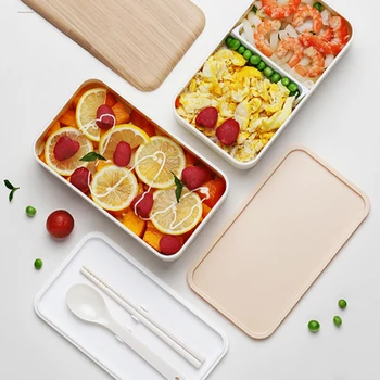 

Portable Lunch box Boutique Wood grain Fruit Vegetable bento box with tableware healthy eco-friendly Insulation Food Storage