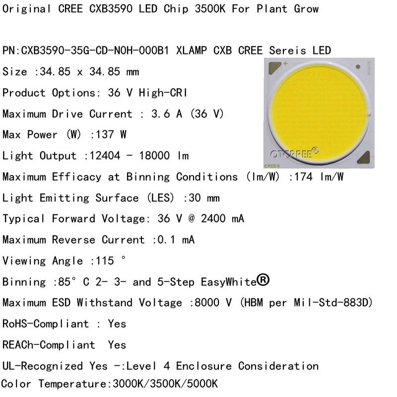 Cree COB CXB3590 CXB 3590 светодиодный светильник для выращивания 3000 K/3500 K/5000 K CD Bin 80 CRI 36V cob led светильник для выращивания медицинских растений