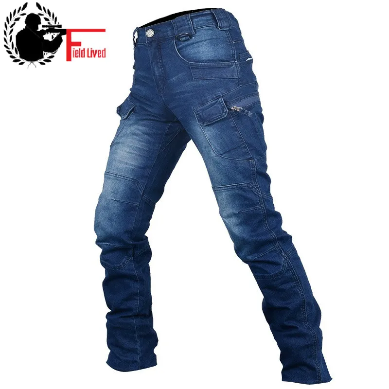 Günstig JEANS MÄNNER 2019 Fracht Elastische Taille Jean Hosen Hohe Qualität Clearance Taktische Denim Multi Tasche Männlichen Hosen Cargo Jeans Männer