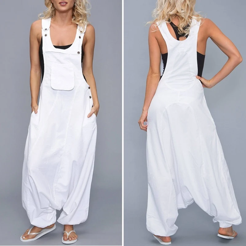 

Solid Color Plus Size Jumpsuits Women U Neck Sleeveless Backless Side Pockets Baggy Long Jumpsuits Cargo Fashion roupas feminina