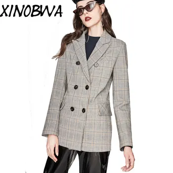 

2018 New Arrival Women Autumn Fashion Slim Double Breasted Sexy V Neck Plaid Suits Blazers Female Office Lady Vintage Outwear