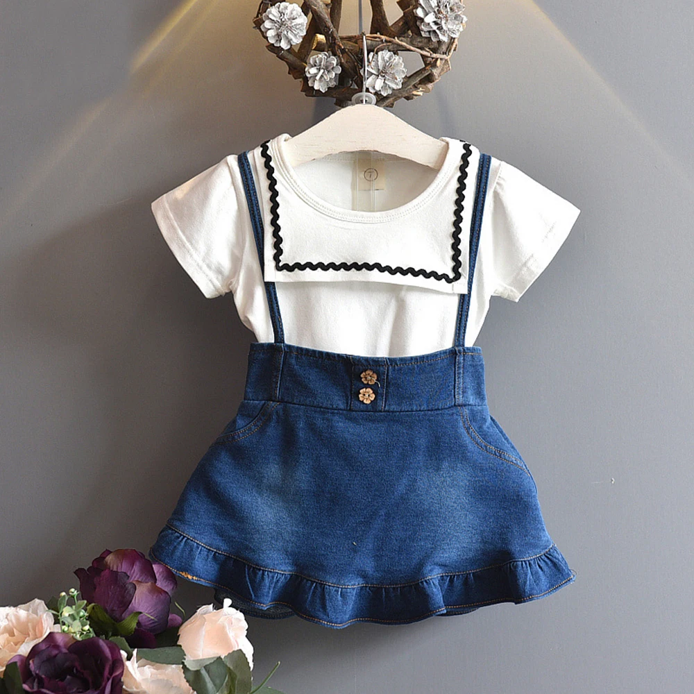

2019 boutique Girls Clothes Summer T-shirts+Cowboy Straps Dress 2pcs Kids Suits toddler Girl Set Children Clothing Set 2-6 Year