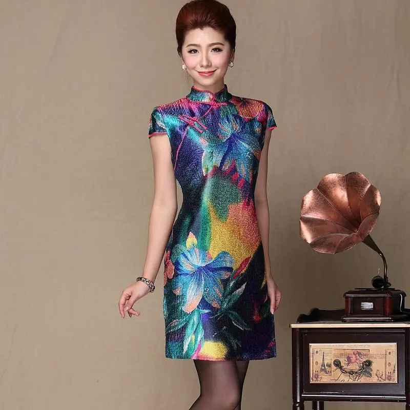 

2019 Chinese Style Spring Summer Fashion New Short Sleevele Mini Dress Women Elegant Floral Print Bodycon Party Dresses Vestidos