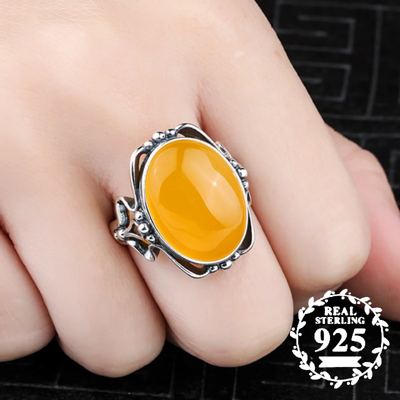 

12*16mm NOT FAKE S925 Sterling Silver Ukraine Amber Rings Exaggerated Rings health rich lithuania Retro Handmade