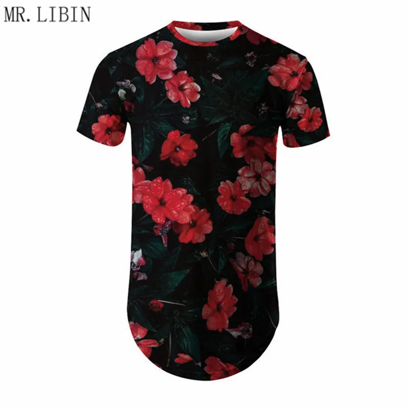 

Mens Hip Hop T Shirt Men 3D Red Flower Digital Print T-shirt Hipster Curve Hem Short Sleeve tshirt Men Streetwear Tee Shirt