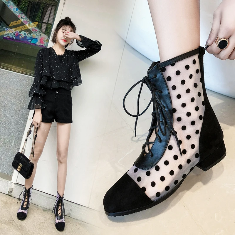 

2019 Hollow Boots Shoes Breathable Knit Line Mesh Korean High Summer Women Boots Knee High Womens Shoes