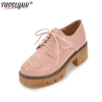 

TASSLYNN 2019 British Platform Lace Up Women Pumps Round Toe Women Shoes Thick High Heels soft PU Ladies Pumps Big Size 34-43