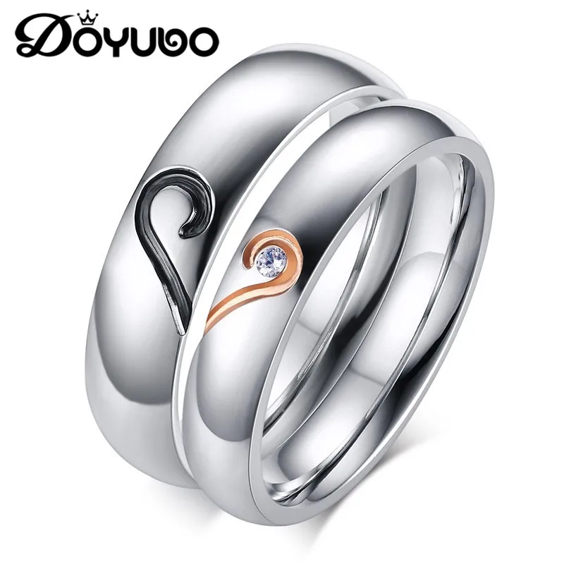 

DOYUBO New Design Titanium Steel Lovers Rings Black & Pink Enamel Heart Shape Couples Rings Lovely Wedding Rings Jewelry DF039