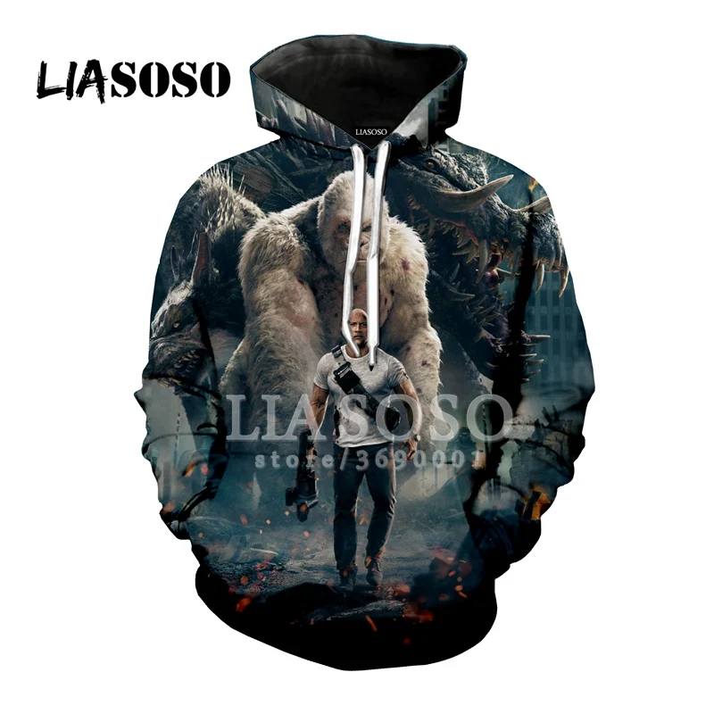 

LIASOSO Hoodie Sweatshirt 3D Print Unisex Design Dwayne Johnson Movie Rampage Hipster Casual Cool Tops Good quality A185