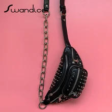 Натуральная кожа с заклепками и цепочкой на молнии, мини сумки через плечо, на грудь, на талию, на пояс, Фанни-пакеты для женщин