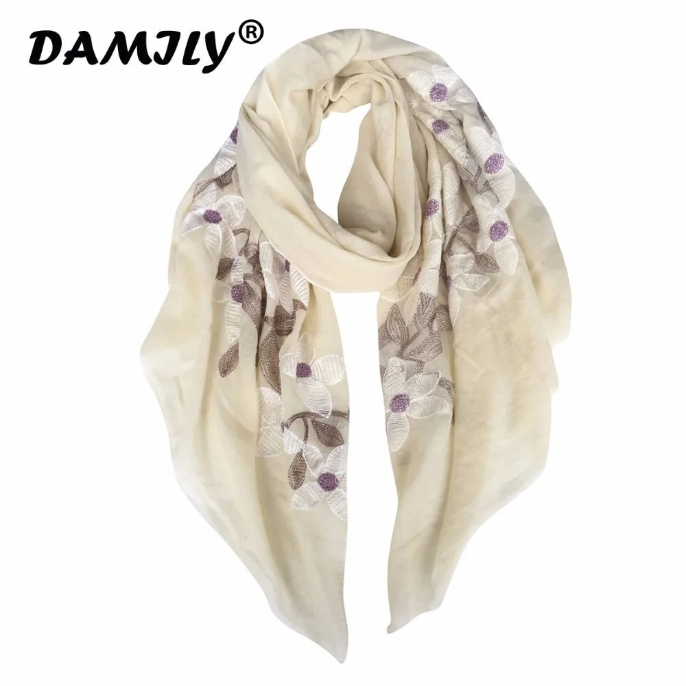 Embroidery Scarf for Women Lightweight Long Floral Wrap Shawls Brand Soft Cotton Scarves