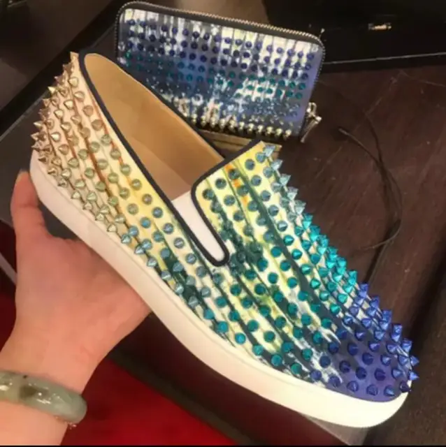 $US $69.66 Kaeve Graduate Color Spiked Loafers Shoes Men Round Toe Bling Sequins Banque Wedding Shoes Male Slip On Rivets Men Shoes Leather