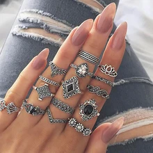 15 Pcs/set Bohemian Retro Crystal Flower Leaves Hollow Lotus Gem Silver Ring Set Women Wedding Anniversary Gift D30 retro faux gem inlaid wedding anniversary jewelry