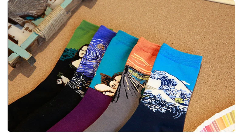 Цветные мужские носки из чесаного хлопка с изображением Ван Гога в стиле ретро, с масляными рисунками, крутая повседневная одежда, забавное праздничное платье, носки-лодочки, 1 пара = 2 шт. ms01